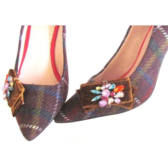 Designer Cole Haan Burgundy Tweed Plaid Bow/Brooch Pointed Toe Pumps 8.5 M - Picture 14 of 15